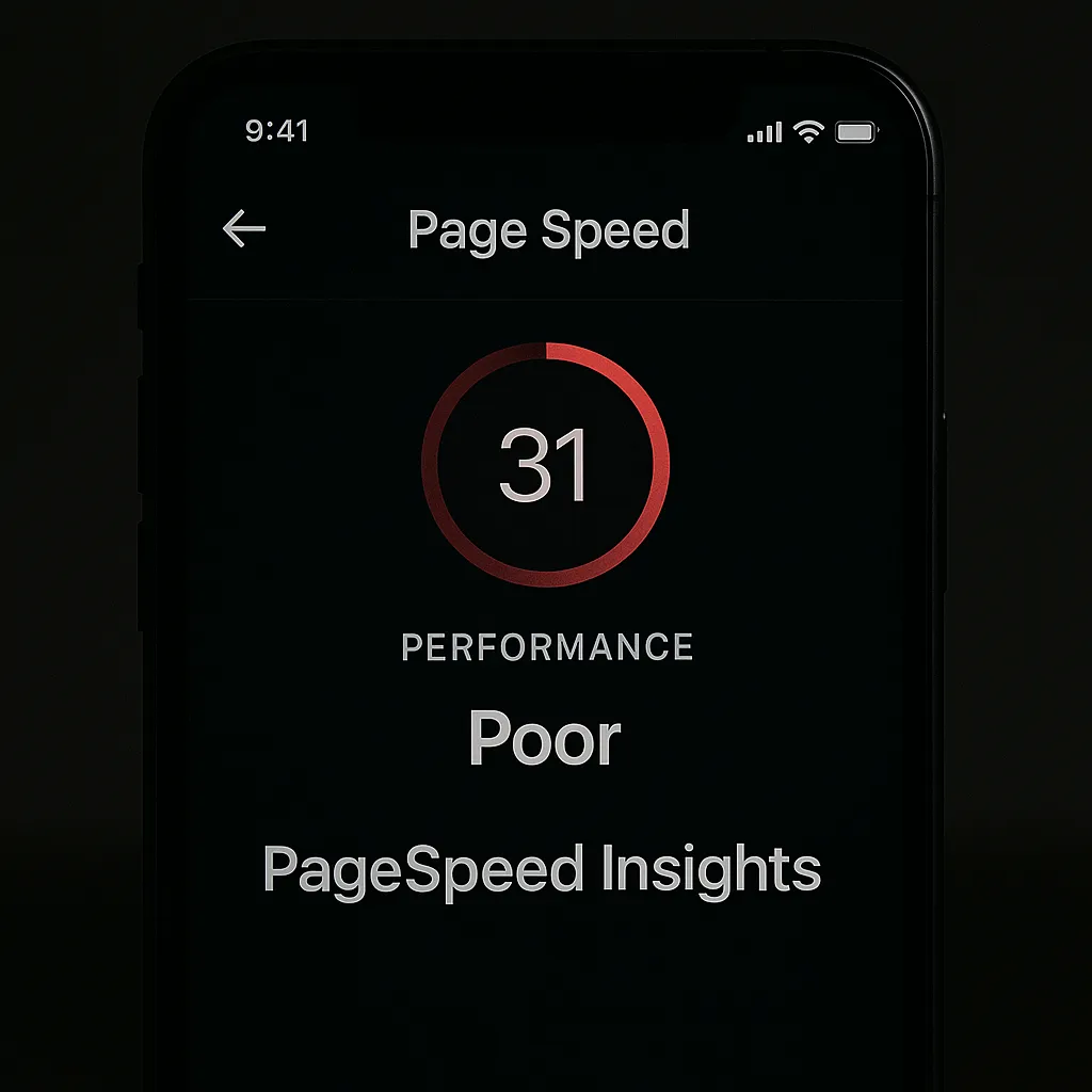 Mobile screen displaying a PageSpeed Insights score of 31 with a red performance ring and “Poor” rating, indicating slow website speed issues.